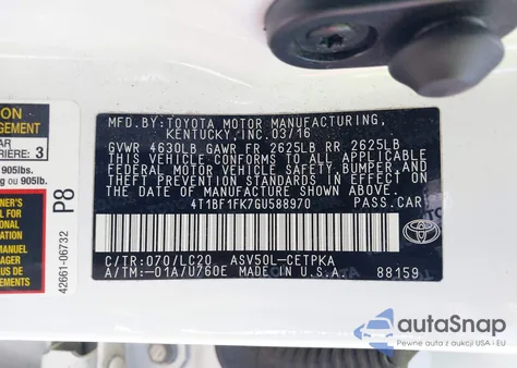 2016 Toyota Camry Xse from USA, damaged, VIN 4T1BF1FK7GU588970